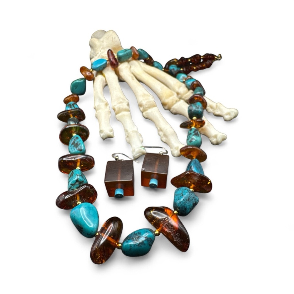 Vintage Sterling Southwest Turquoise & Baltic Amber Necklace 28” & Earring Set